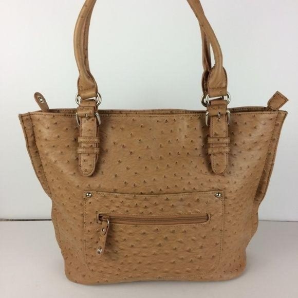 Reflections Shoulder Tote Tan Vegan Ostrich Faux Leather Purse Zipper Closure - Picture 1 of 8